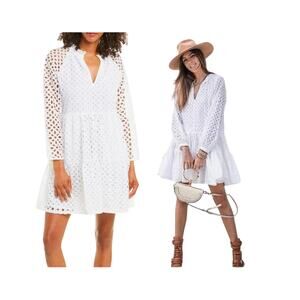 J Crew White Eyelet Lace Mini Dress Size Small Long Sleeve V Neck BOHO Eyelet